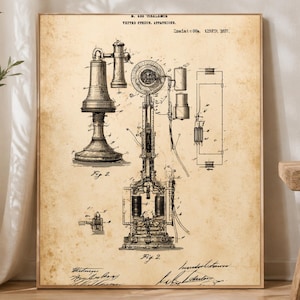 May include: A vintage-style patent print on aged paper featuring technical line drawings of an antique telephone. The document includes detailed diagrams labeled Fig 2, technical schematics, and handwritten signatures at the bottom with the text M. ANA CIBALAMUA UNITED STATES PATENT OFFICE.