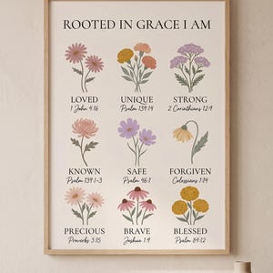 rooted in grace I Am Wildflower Wall Art, Bible Verse Print, Christian Nursery Decor, Botanical Scripture Art, Girl Room Affirmations Faith