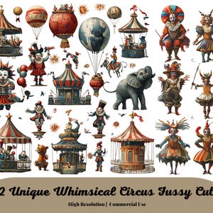 Unique Whimsical Circus Clipart, Printable Fussy Cut, Backgrounds, Cards, Junk Journal, scrapbook, collage, Commercial use!