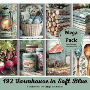 Farmhouse in Soft Blue, junk journal pages, digital paper, digital ephemera, cottage house, cottagecore, cottage core, farm house images