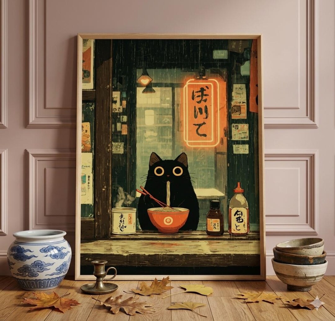 Black Cat Eating Ramen Art Print, Japanese Vintage Poster Style, Rainy ...