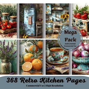 Pagine di cucina retrò, carta per diario e album di ritagli, immagini di cibo, cucina, cucinare, cuocere al forno, ingredienti, illustrazione di libri di cucina, stampabile