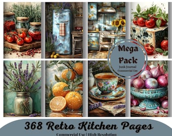 Retro Kitchen Pages, junk journal and scrapbook paper, food images, kitchen, cooking, baking, ingredients, cook book illustration, printable
