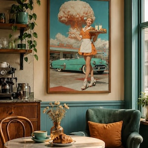 Atomic Diner Vintage Mid Century Modern Nuclear Mushroom Cloud Surreal Dark Humor Retro Carhop Cold War Wall Art Decor Print Poster