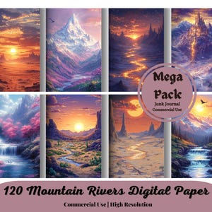 May include: A digital paper pack featuring 120 images of mountains and rivers. The images are in a variety of styles, including fantasy, realistic, and abstract. The pack is perfect for use in junk journals, scrapbooking, and other creative projects.  "Mega Pack" and "Junk Journal Commercial Use" are written on the image.