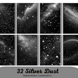 May include: A set of 32 high-resolution digital images featuring silver dust and stars against a black background. The images are perfect for adding a touch of sparkle to your designs.