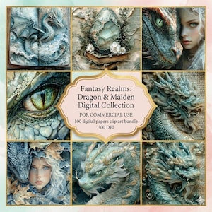 Pode incluir: Um pacote de arte digital intitulado "Fantasy Realms: Dragon & Maiden Digital Collection". A obra de arte apresenta dragões, donzelas e elementos de fantasia em formato de colagem. A paleta de cores inclui tons de azul, verde e dourado. O pacote inclui 100 papéis digitais.
