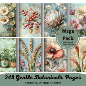 Gentle Botanicals Pages, junk journal, scrapbook paper, flowers, plants, floral background paper, printable images, vintage texture