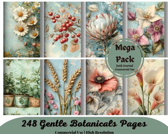 Gentle Botanicals Pages, junk journal, scrapbook paper, flowers, plants, floral background paper, printable images, vintage texture