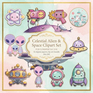 May include: A set of colourful space-themed clipart, including aliens, spaceships, and ray guns. The designs feature pastel colours and include a smiling atom, a UFO, and a rocket ship. The text reads "Celestial Alien & Space Clipart Set".