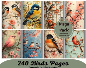Vögel Seiten für scrapbook und Junk Journal, digitales Papier, Natur Szenen, Tiere, Vögel auf Zweigen, shabby chic, bedruckbares Decoupage Papier