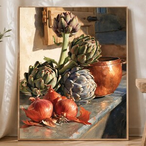 May include: A still life painting featuring four green and purple artichokes, two red onions with papery skins, and a large, round copper pot. The items are arranged on a stone surface in front of a wooden shutter, illuminated by warm sunlight.
