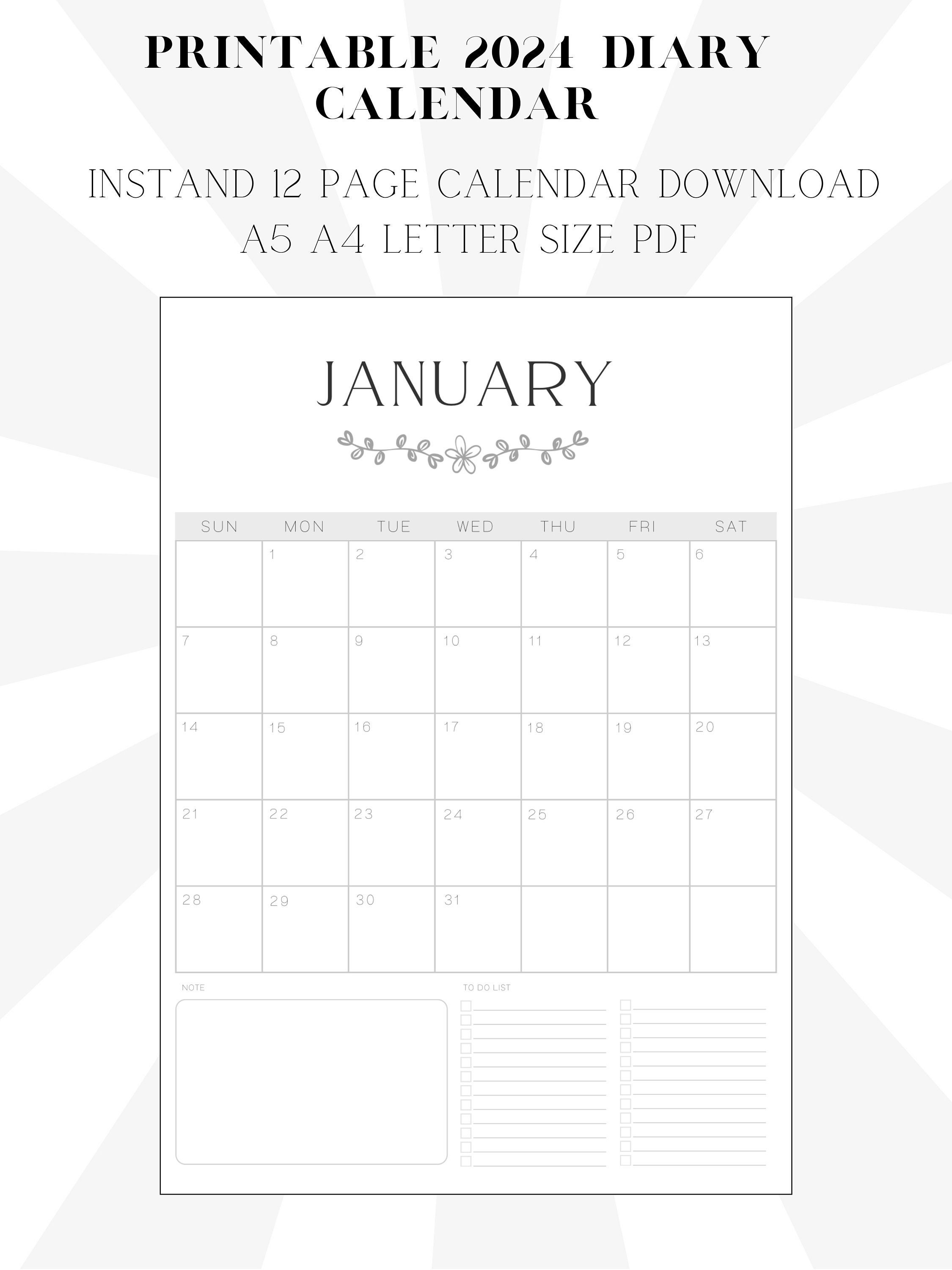 2024 Digital Calendar Digital Download Calendar 2024 Diary Etsy