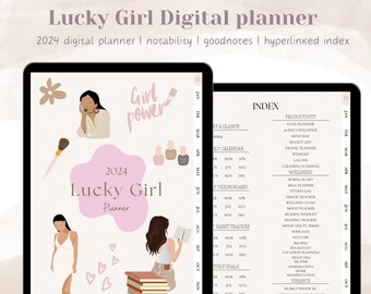 May include: A digital planner for 2024 with a pink and white color scheme. The planner features illustrations of women and the text "Lucky Girl Planner" and "Girl Power". The planner includes sections for productivity, wellness, finance, and more.