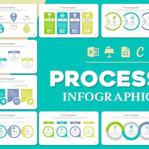 Puede incluir: Un conjunto de 10 diapositivas de infografía de procesos con diferentes diseños y esquemas de colores. Las diapositivas presentan iconos, cuadros de texto y flechas para ilustrar un proceso o flujo de trabajo. Las diapositivas están diseñadas para ser utilizadas en presentaciones o informes.