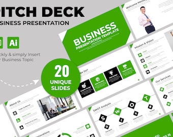May include: A green and white business presentation template with 20 unique slides. The template includes a welcome message, mission and vision, SWOT analysis, and our services. The template is designed for use with PowerPoint and Adobe Illustrator.