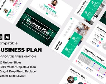 May include: A green and white business plan presentation template with the title "Business Plan" and the text "Corporate Company Presentation Template". The template includes 20 unique slides, 100% vector objects and icons, drag and drop photo replace, and a master slide layout.