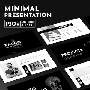 Puede incluir: Una plantilla de presentación en blanco y negro con el título "Presentación Minimal" y el texto "120+ Diapositivas Únicas". La plantilla presenta un diseño minimalista con texto e imágenes en blanco y negro.