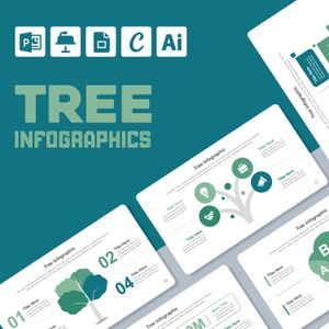 Könnte beinhalten: Ein Satz von fünf Infografik-Vorlagen mit einem Baum mit Ästen und Blättern. Jede Vorlage hat ein anderes Layout und ein anderes Farbschema. Die Vorlagen sind für Präsentationen, Berichte und andere visuelle Kommunikation konzipiert.