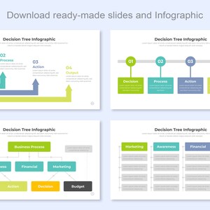 Puede incluir: Cuatro diapositivas con un diagrama de &aacute;rbol de decisi&oacute;n. La primera diapositiva muestra un &aacute;rbol de decisi&oacute;n horizontal con cuatro pasos: Decisi&oacute;n, Proceso, Acci&oacute;n y Salida. La segunda diapositiva muestra un &aacute;rbol de decisi&oacute;n horizontal con cuatro pasos: Decisi&oacute;n, Proceso, Acci&oacute;n y Salida. La tercera diapositiva muestra un &aacute;rbol de decisi&oacute;n vertical con cuatro pasos: Proceso empresarial, Conciencia, Finanzas y Marketing. La cuarta diapositiva muestra un &aacute;rbol de decisi&oacute;n vertical con cuatro pasos: Marketing, Conciencia, Finanzas y Decisi&oacute;n.