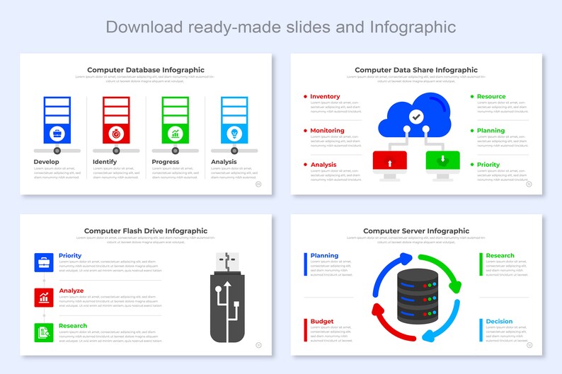 Pode incluir: Quatro slides de infogr&aacute;fico com ilustra&ccedil;&otilde;es de hardware de computador e termos relacionados. O primeiro slide mostra um banco de dados de computador com os termos "Desenvolver", "Identificar", "Progresso" e "An&aacute;lise". O segundo slide mostra uma nuvem com dois computadores conectados a ela com os termos "Invent&aacute;rio", "Monitoramento", "An&aacute;lise", "Recurso", "Planejamento" e "Prioridade". O terceiro slide mostra uma unidade flash com os termos "Prioridade", "Analisar" e "Pesquisa". O quarto slide mostra um servidor de computador com setas circulando-o com os termos "Planejamento", "Or&ccedil;amento", "Pesquisa" e "Decis&atilde;o".