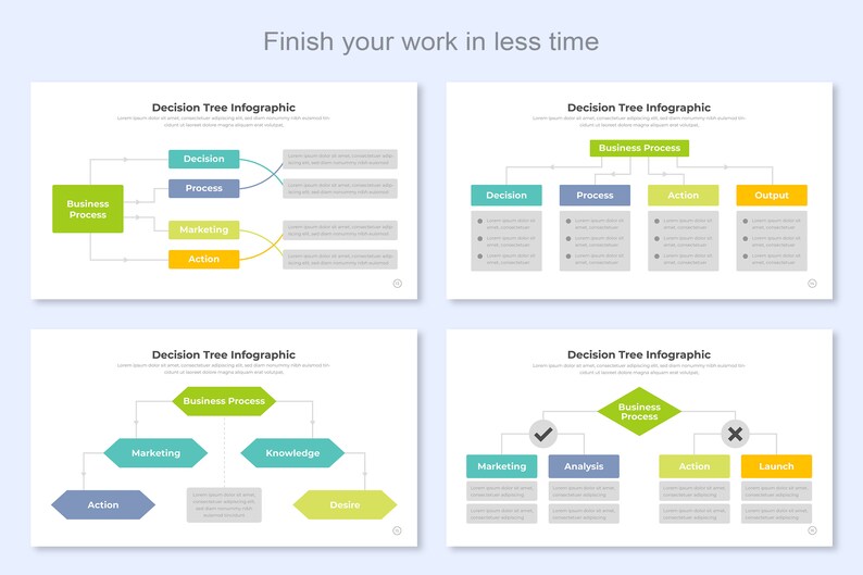 Puede incluir: Cuatro diagramas de infograf&iacute;a de &aacute;rbol de decisi&oacute;n con diferentes dise&ntilde;os y colores. Cada diagrama muestra un proceso con diferentes pasos, como proceso empresarial, decisi&oacute;n, proceso, acci&oacute;n, marketing, conocimiento, deseo, an&aacute;lisis, salida y lanzamiento.