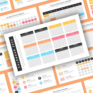 Könnte beinhalten: Eine Sammlung von Kalenderinfografiken für das Jahr 2025, die monatliche Layouts mit farbcodierten Abschnitten zeigen. Der zentrale Kalender zeigt alle Monate, während andere bestimmte Daten und Aufgaben hervorheben. Der Text "CALENDAR 2025" ist sichtbar.