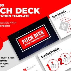 May include: A red and white presentation template for a business pitch deck. The template includes 60 unique slides and is compatible with PowerPoint. The template features a modern design with a black and white background and red accents.