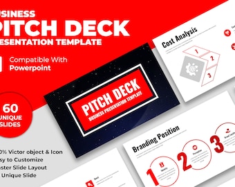 May include: A red and white presentation template for a business pitch deck. The template includes 60 unique slides and is compatible with PowerPoint. The template features a modern design with a black and white background and red accents.
