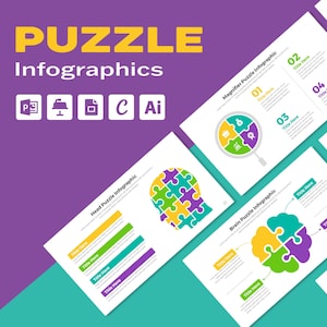 May include: Infographic template with three different puzzle designs. The first design is a head with puzzle pieces forming the shape of a head. The second design is a magnifying glass with puzzle pieces inside. The third design is a brain with puzzle pieces forming the shape of a brain. Each design has a title and space for text.