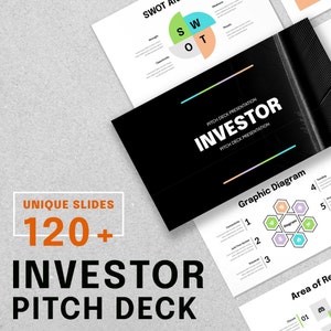 Może przedstawiać: Czarno-białe zdjęcie z tekstem "Investor Pitch Deck Presentation" i "Unique Slides 120+" w kolorze pomarańczowym i białym. Obraz zawiera również diagram graficzny w kształcie sześciokąta z tekstem "Graphic Diagram" w kolorze czarnym.