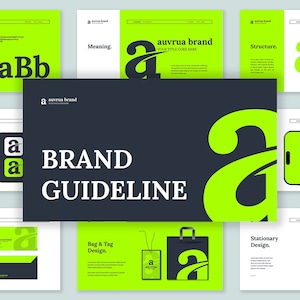 Könnte beinhalten: Markenrichtlinien-Dokument mit einem grün-schwarzen Farbschema. Das Dokument enthält ein Logo mit dem Buchstaben "a" in einer stilisierten Schriftart mit einem diagonalen Strich. Das Logo wird in verschiedenen Anwendungen verwendet, darunter eine Tasche, ein Etikett, ein Telefon und eine Visitenkarte.