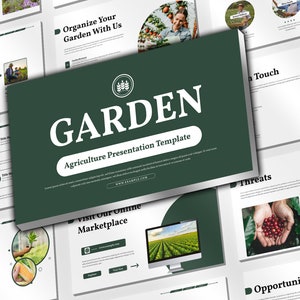 May include: A green and white presentation template titled "GARDEN Agriculture Presentation Template" with a graphic of wheat stalks. The template includes slides with titles such as "History Timeline", "Our Mission", "Our Vision", "Organize Your Garden With Us", "Visit Our Online Marketplace", "Threats", "Opportunities", and "Touch".