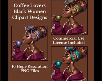 Schwarze Frauen Kaffee Clipart: PNG-Bundle für POD (Digitaler Download)