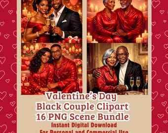 Clipart de pareja negra de San Valentín / Paquete de escenas PNG / Arte de amor afroamericano / Uso comercial incluido