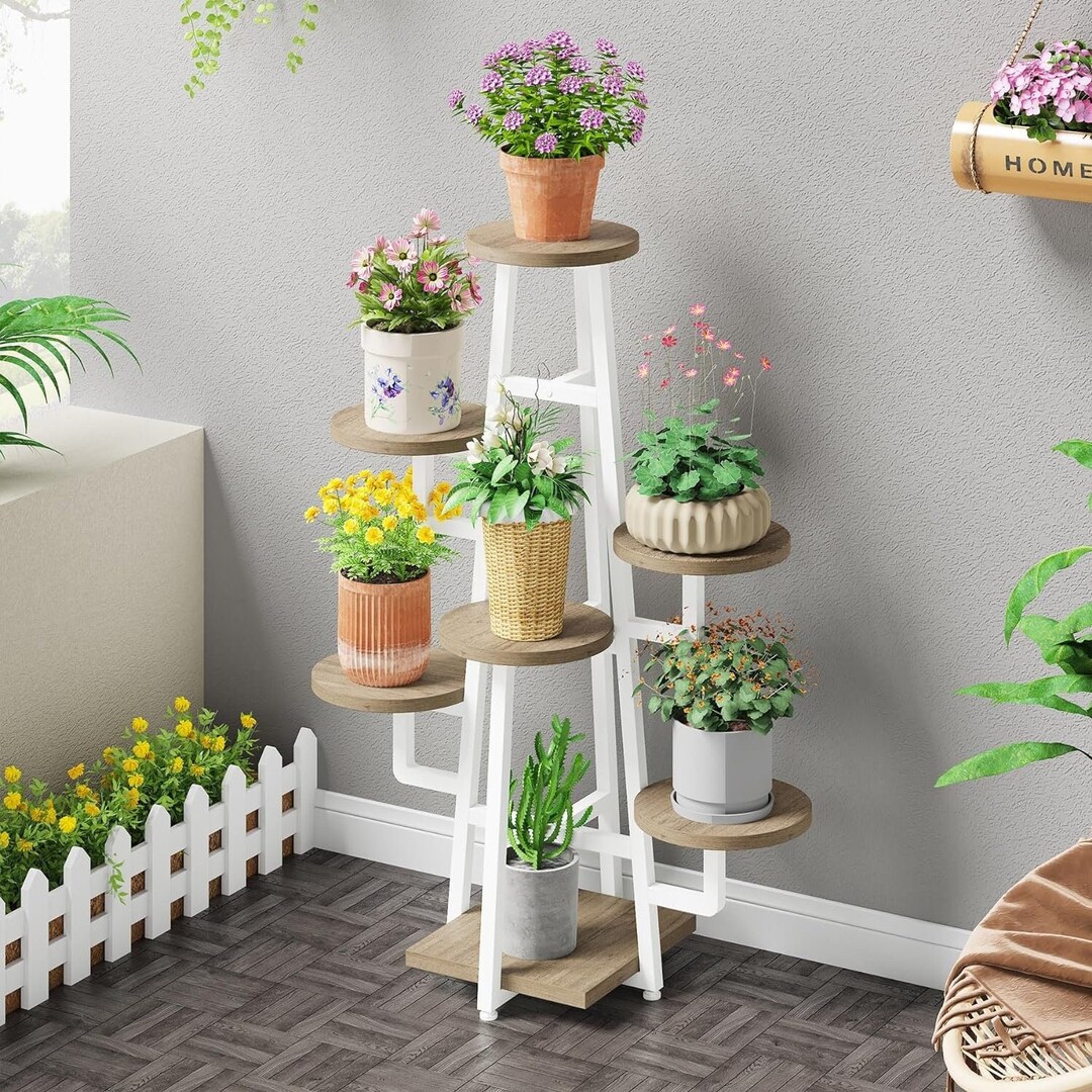 7 Tiered Wood Metal Plant Stand Tall Plant Stand Indoor Plant Stand