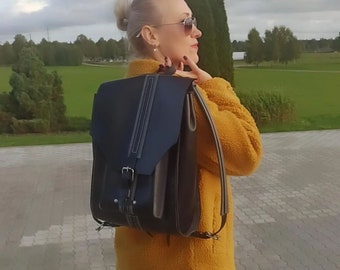 Sac à dos en cuir pour femme avec empiècements gris, sac à dos en cuir élégant, sac à dos en cuir pour femme, sac de travail élégant, sac à dos de ville pour femme