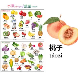 May include: A watercolour illustration of fruits and vegetables, including peaches, lemons, and grapes. The image also features a chart with Chinese characters and English transliterations for various produce items.