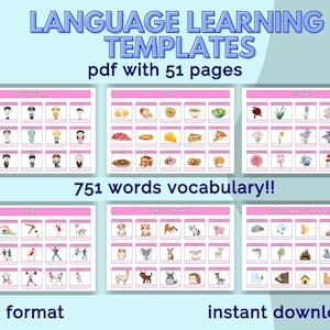 May include: A set of 51 printable language learning templates with 751 words. The templates feature colorful illustrations of various objects, animals, and activities. The templates are in A4 format and are available for instant download.