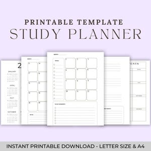 May include: A printable study planner template with a minimalist design. The pages are white with black text and include sections for monthly goals, to-do lists, and calendars. The text "PRINTABLE TEMPLATE STUDY PLANNER" is at the top. The bottom text reads "INSTANT PRINTABLE DOWNLOAD - LETTER SIZE & A4".