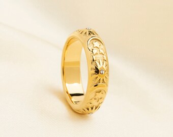 18k Gold Sun Moon Star Band Ring, Celestial Ring for Women, Gold Chunky Rings, Tarnish Free