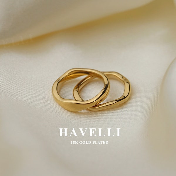 Wellenring aus 18-karätigem Gold, unregelmäßiges Ringset, minimalistischer Gold-Ripple-Ring, gedrehter Bandring, klobige und zierliche Stapelringe, frei von Anlauffarben