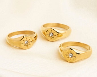 18k Gold Polaris Signet Ring, North Star Ring, Minimalist Star Signet Ring, Tarnish Free, Rings for Women, Gift for Her