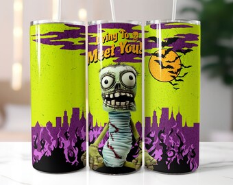 Cute Living Dead Halloween Puppet In a Bucket 20 oz Tumbler Wrap Sublimation, Tumbler Wrap Digital Design PNG Download, Dying to Meet You.