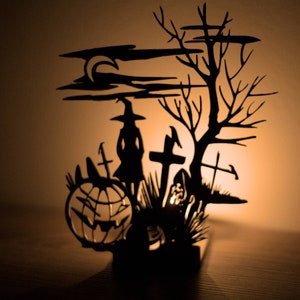 Halloween Tealight holder Witch on cemetery, spooky pumpkin sorcerer lantern