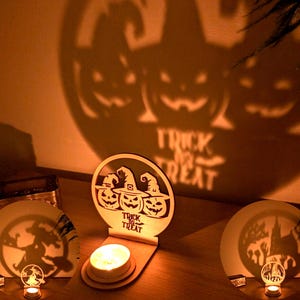 Witch, Skull with Crow, Haunted House, Pumpkin & Cat | Halloween Shadow Candle Holders | Spooky Tealight Decor