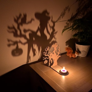 Halloween Witch Tree Shadow Caster | Spooky Tealight Candle Holder | Gothic Witchy Home Decor | Haunted Pumpkin Decoration