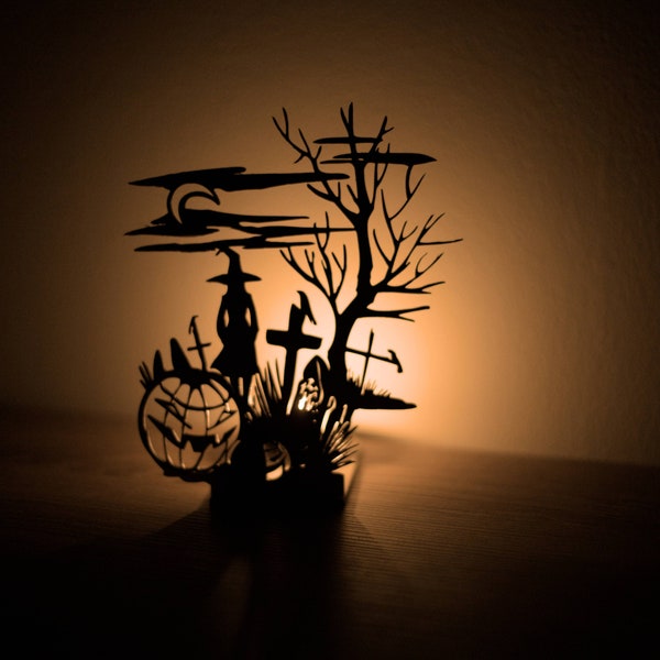 Halloween Tealight holder Witch on cemetery, spooky pumpkin sorcerer lantern