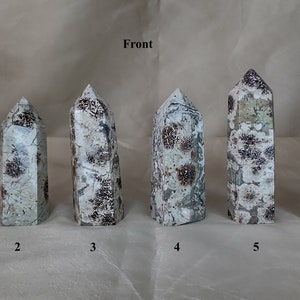 以下が含まれることがあります： 薄い青と茶色の斑点模様の、研磨された宝石のオベリスクが6つ。オベリスクには1から6までの番号が振られており、ニュートラルな背景に表示されています。「Front」という文字がオベリスクの上にあります。