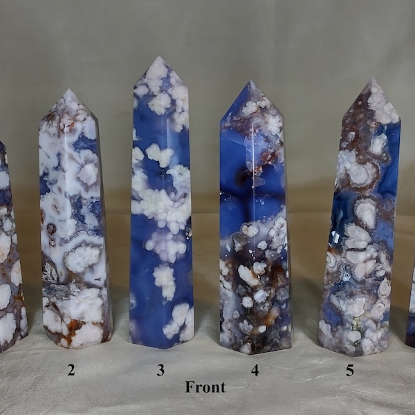 High-Quality Blue Flower Agate Tower/Obelisk - Tranquil Beauty and Emotional Healing. Please visit the Facebook video link in the desc.